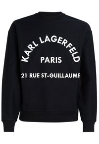 Sudadera negra con cuello redondo, con texto blanco en negrita: "KARL LAGERFELD PARIS 21 RUE ST-GUILLAUME." Corte estructurado y puños acanalados.