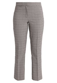 Grå och svart hounds-tooth mönstrade byxor med en åtsittande midja, rak bendesign och slät textur. Ingen synlig hårdvara eller detaljer.