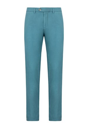 Pantaloni dritti color blu petrolio con bottone frontale, passanti per cintura e tasche laterali, mostrati su sfondo bianco.