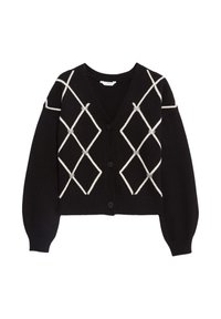Schwarze, kurz geschnittene Strickjacke mit V-Ausschnitt, die weiße Rhomben-Muster und einen geknoteten Detail aufweist. Sie hat lange Ärmel und Knöpfe an der Vorderseite.