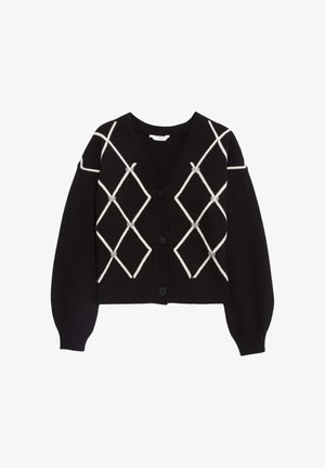 Cárdigan negro corto con escote en V, que presenta patrones de diamante blancos y un detalle anudado. Tiene mangas largas y botones en la parte delantera.