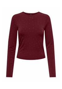 Bordowa dopasowana bluzka z długim rękawem, ozdobiona równomiernie rozmieszczonymi małymi białymi kropkami.