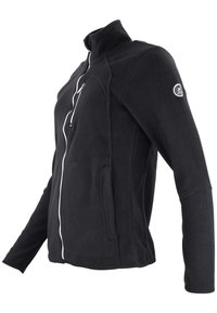 Veste en polaire noire avec un col montant, fermeture éclair à l'avant et accents blancs. Dispose de poches latérales et d'un écusson logo sur la manche.