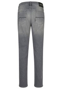 Jean en denim gris avec une coupe droite, comportant deux poches arrière, des passants de ceinture et une finition texturée, exposé de dos.