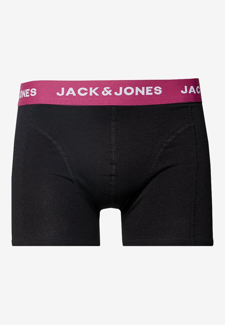 Schwarze Herren-Boxerbriefs mit bordeauxrotem Gummibund, der mit dem weißen "JACK & JONES"-Logo versehen ist. Sichtbare Nähte an der Vorderseite und an den Seiten.