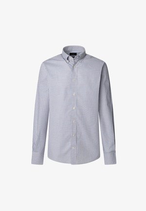 Košulja na gumbe svijetloplave boje s kariranim uzorkom. Dugi rukavi, ovratnik i gumbe sprijeda. Izrađena od tkanine pletene s mekim teksturom.