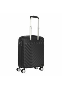 Black hard-shell carry-on suitcase with a zigzag texture, silver telescopic handle, and four swivel wheels for easy mobility.
