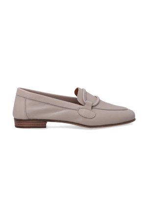 Light beige leather loafers with a flat wooden heel, featuring a decorative strap detail on the front and stitched edges for added texture.