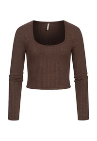 Bruine geribde cropped lange mouw top met een vierkante halslijn en een aansluitend ontwerp. Heeft een textuurstof en subtiele stretch voor een strakke pasvorm.