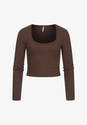 Brązowy prążkowany crop top z długim rękawem, o kwadratowym dekolcie i dopasowanym kroju. Posiada teksturowany materiał i delikatny stretch, co zapewnia idealne dopasowanie.