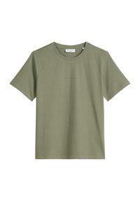 T-shirt en coton vert olive, à manches courtes, avec un col rond, présentant un texte minimal imprimé dans une tonalité subtile. Texture lisse, coupe décontractée.
