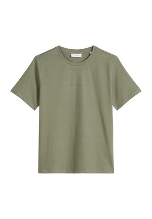 Olive green cotton t-shirt, short sleeves, crew neckline, featuring minimal text printed in a subtle tone. Smooth texture, relaxed fit.