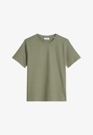 T-shirt en coton vert olive, à manches courtes, avec un col rond, présentant un texte minimal imprimé dans une tonalité subtile. Texture lisse, coupe décontractée.
