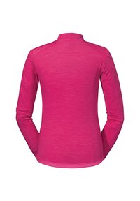 Langärmliges Shirt in leuchtendem Pink mit hohem Kragen, glatter Textur und taillierten Ärmeln. Keine sichtbaren Logos oder Muster.