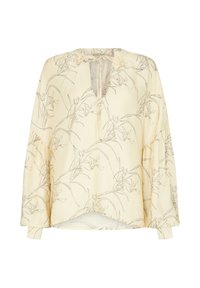 Hellgelbe Bluse mit langen Ärmeln, verziert mit einem floralen Linienmuster, einem V-Ausschnitt und einem gerafften Saum für eine lockere Passform.