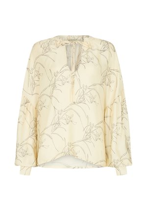 Hellgelbe Bluse mit langen Ärmeln, verziert mit einem floralen Linienmuster, einem V-Ausschnitt und einem gerafften Saum für eine lockere Passform.