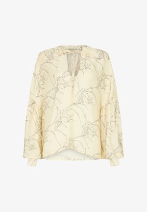 Light yellow blouse with long sleeves, featuring a floral line drawing pattern, a V-neck, and a gathered hem for a relaxed fit.