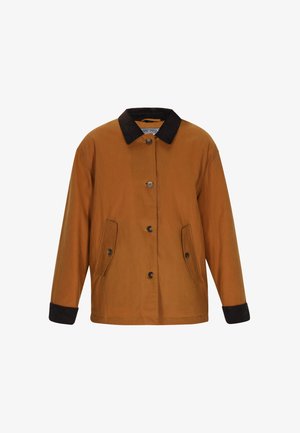 Smeđi pamučni sako s crnim baršunastim ovratnikom, prednjim kopčanjem na dugmad i dva bočna džepa. Dugi rukavi s crnim manžetama, opušteni kroj.