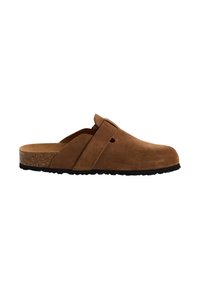 Brown suede clog with a textured surface, cork sole, and a slight heel. Features an open back and a cross strap design for support.