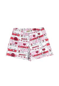 Pantalones cortos blancos cortos con una tira cómica de Peanuts en rojo y rosa que presenta a Snoopy y Charlie Brown alrededor de buzones y corazones.