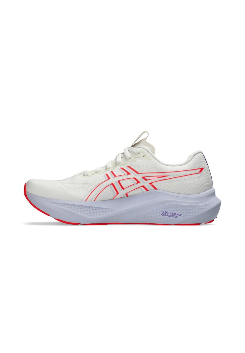 White athletic shoe with red accents and detailing. Features a textured upper, padded collar, and curved sole with "3D GUIDANCE SYSTEM" label.