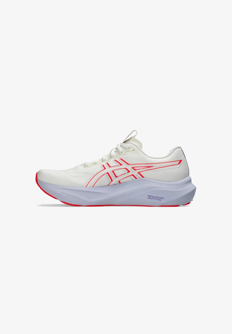 White athletic shoe with red accents and detailing. Features a textured upper, padded collar, and curved sole with "3D GUIDANCE SYSTEM" label.