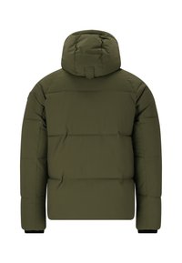 Gestikte groene gewatteerde jas met capuchon, gestikte details en geribde manchetten. Glad oppervlak met een minimalistisch ontwerp.