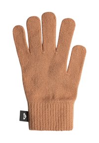 Guante de punto marrón con cinco dedos y puño acanalado. Tejido texturizado con una etiqueta en la zona de la muñeca. Adecuado para uso casual en clima fresco.