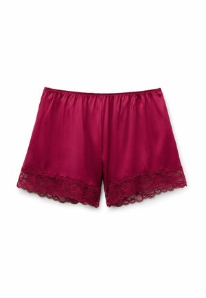 Satinshorts i burgenröd med elastisk midjeresår och scallop-lace kant vid fållen, som erbjuder en slät, lätt textur.