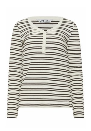 Langärmliges, geripptes Shirt mit schwarzen und weißen horizontalen Streifen, rundem Ausschnitt und einer Dreiknopfleiste in der vorderen Mitte.