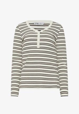 Langarm ribbelshirt met zwart-witte horizontale strepen, ronde hals en een drieknoopsluiting aan de voorkant in het midden.