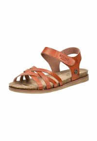 Braune Leder-Sandale mit mehreren übereinanderliegenden Riemen, einem Rückenelement und einem Korkfußbett. Sie verfügt über eine glatte Oberfläche und eine leichte Sohle.