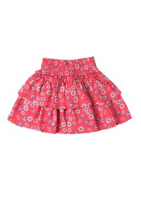 Gonna a balze floreale rossa con vita smock, decorata con farfalle blu e fiori bianchi, realizzata in tessuto leggero.