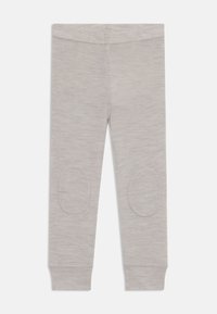 Ljusgrå leggings i mjukt, stretchy material. Har knäpatchar med ett cirkulärt mönster och avslutade muddar för en snug fit.