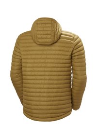 Přechozená bunda v odstínu tan s podšívkou v kapuce, obsahující horizontální prošívaný design, lehký materiál a elastické manžety pro pohodlné nošení.