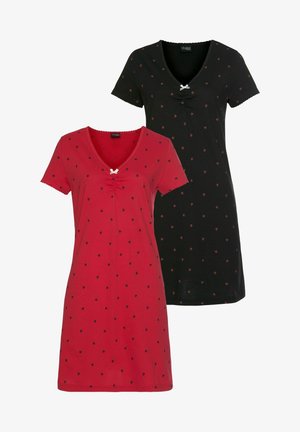 Two short-sleeve dresses, one red with small black hearts and the other black with the same pattern, featuring a V-neck and a decorative bow.
