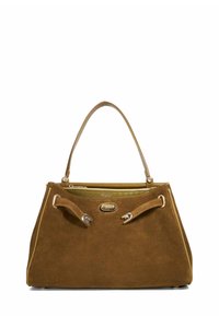 Brown suede handbag with a structured design, gold-tone hardware, and two accent straps. Features a green interior with zipper closure.