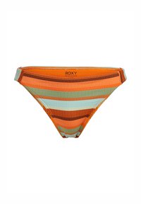 Bikiniunderdel för simning med ett flerfärgat mönster av orange, blå och bruna ränder. Tillverkad av textil med struktur och Roxy-logotyp.