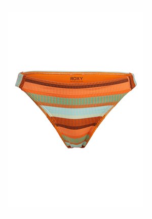 Swim bikini bottom with a multicolored pattern of orange, blue, and brown stripes. Made of textured fabric with Roxy logo.