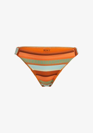 Strój kąpielowy typu bikini w wielokolorowy wzór pomarańczowych, niebieskich i brązowych pasków. Wykonany z teksturowanej tkaniny z logotypem Roxy.