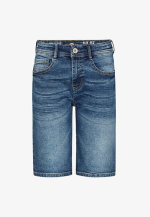 Denimshortsit keskisinisellä pesulla, joissa on klassinen viiden taskun malli, kontrastiväriset saumat, edessä nappikiinnitys ja polvenmittainen leikkaus.