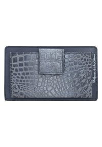 Grijze portemonnee met een krokodillenstructuur, een gladde afwerking en een opvallende drukknoopsluiting. Inclusief geperst detail aan de voorkant.