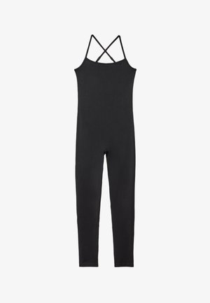 Czarny bezrękawnik w kombinezonie z krzyżującymi się ramiączkami, dopasowany fason, wykonany z elastycznego materiału, długość do kostek, gładka tekstura, minimalne detale.