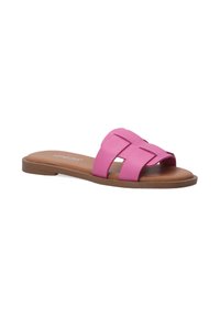 Pink slide sandal med krydsede stropper lavet af syntetisk materiale, med en flad brun sål og en glat overflade.
