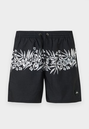 Crne kupaće hlačice s bijelim tropskim cvjetnim i lišćem uzorkom sprijeda, elastičnim remenom i vezicom za zatvaranje.