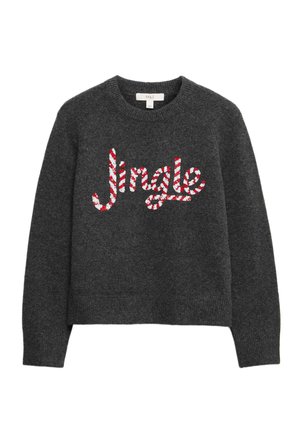Gray knit sweater featuring the word "Single" in festive red and white candy cane stripes, round neck, and long sleeves.