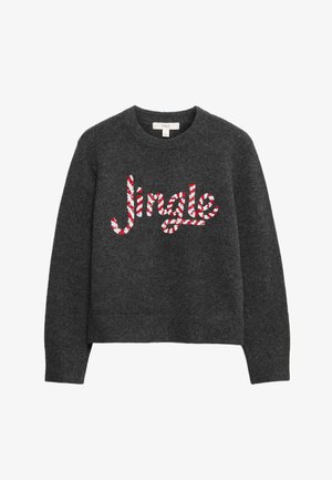 Gray knit sweater featuring the word "Single" in festive red and white candy cane stripes, round neck, and long sleeves.
