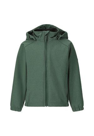 Grøn hættejakke med frontlynlås, elastiske manchetter og sidelommer, designet til afslappet brug og udendørs aktiviteter.