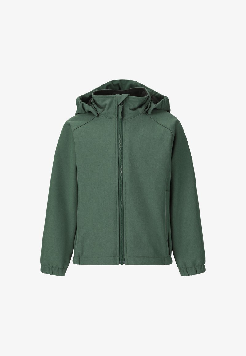 Veste à capuche verte avec fermeture éclair à l'avant, poignets élastiques et poches latérales, conçue pour une utilisation décontractée et en extérieur.