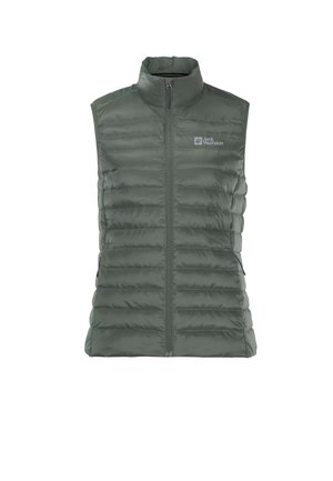 Veste sans manches matelassée vert foncé avec fermeture éclair frontale et col montant, avec le logo Jack Wolfskin sur la poitrine.